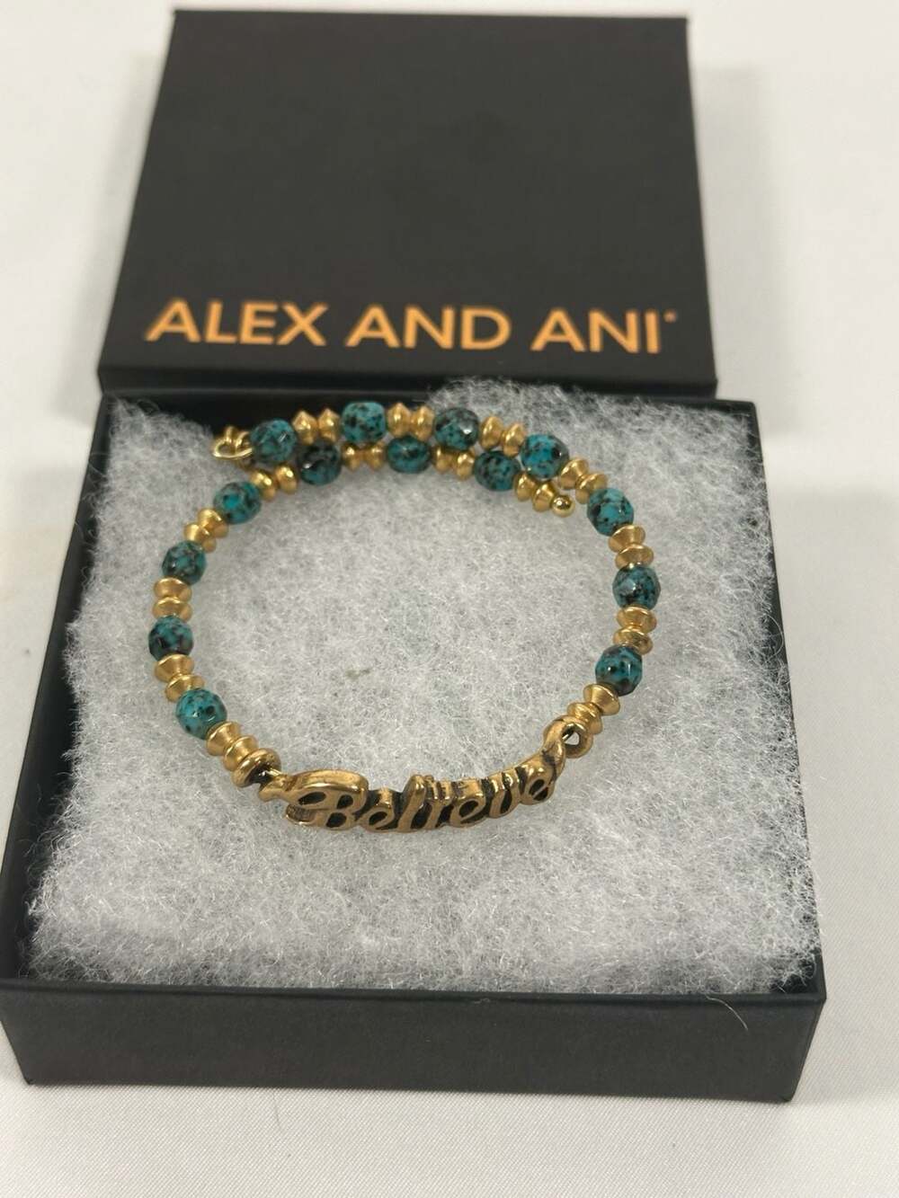 Disney Parks Alex and Ani Believe Gold and Teal Beaded Wrap Bracelet